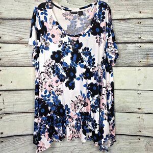 Tahari Floral Short Sleeve Top Womens 2X White Blue